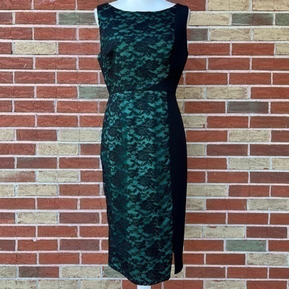 Black Halo Asymmetrical Lace Overlay Split Front Green Sleeveless Dress 👗